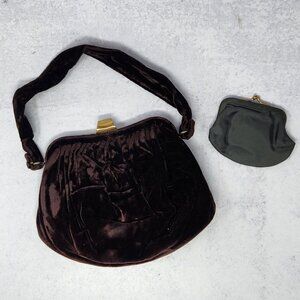 Vintage 1950s Garay Brown (Burgundy Undertones) Velvet & Brass Evening Purse W/